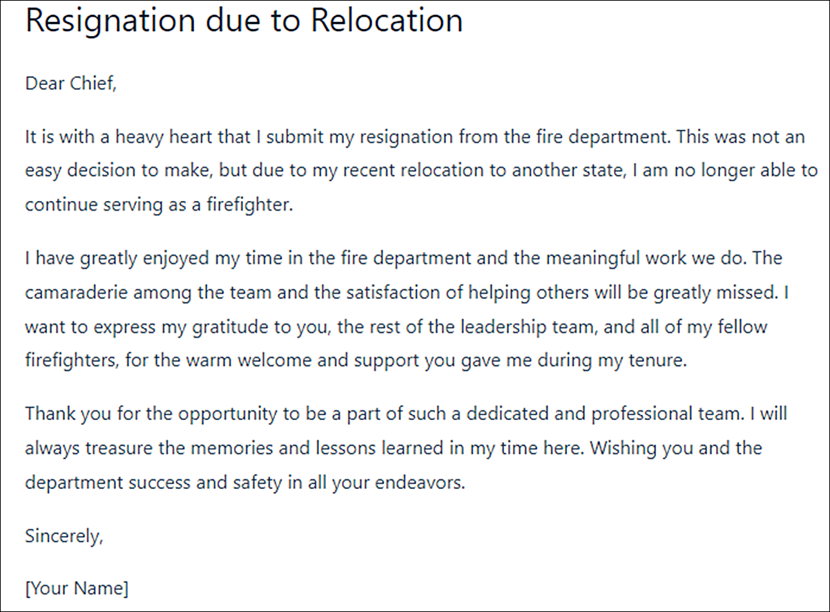 Fire Department Resignation Letter Template