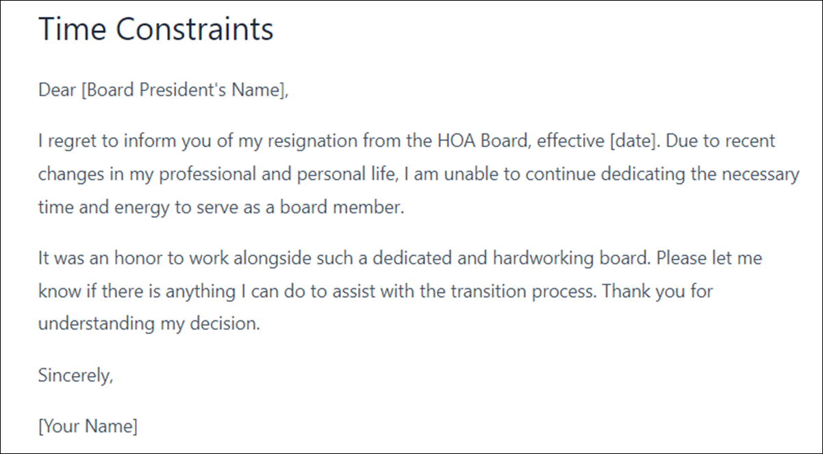 HOA Board Resignation Letter Template