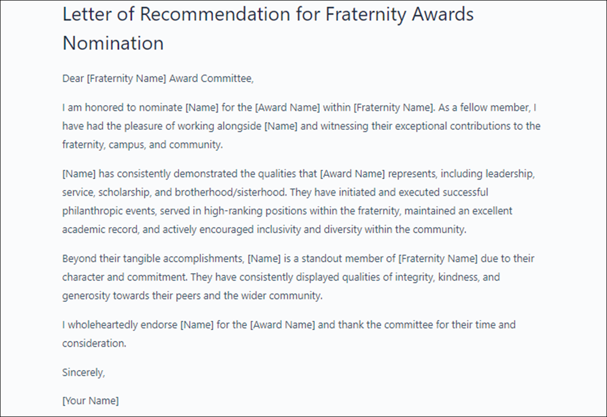 Letter of Recommendation Samples for Fraternity