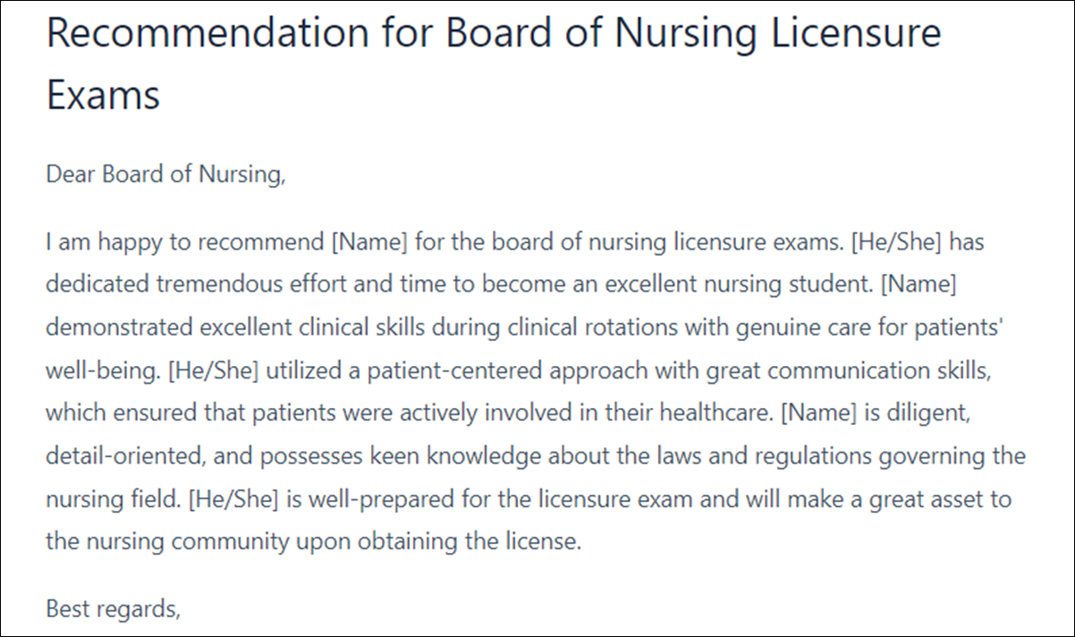 Letter of Recommendation Template for Board of Nursing Student