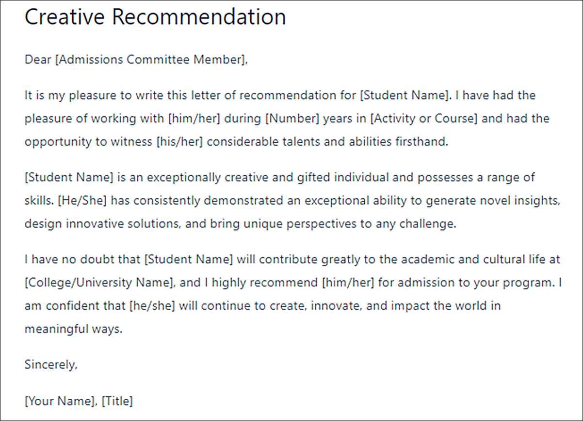 Letter of Recommendation Template for College Applications