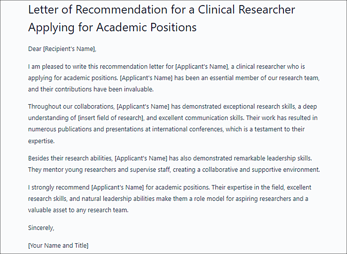 Letter of Recommendation Template for a Clinical Researcher