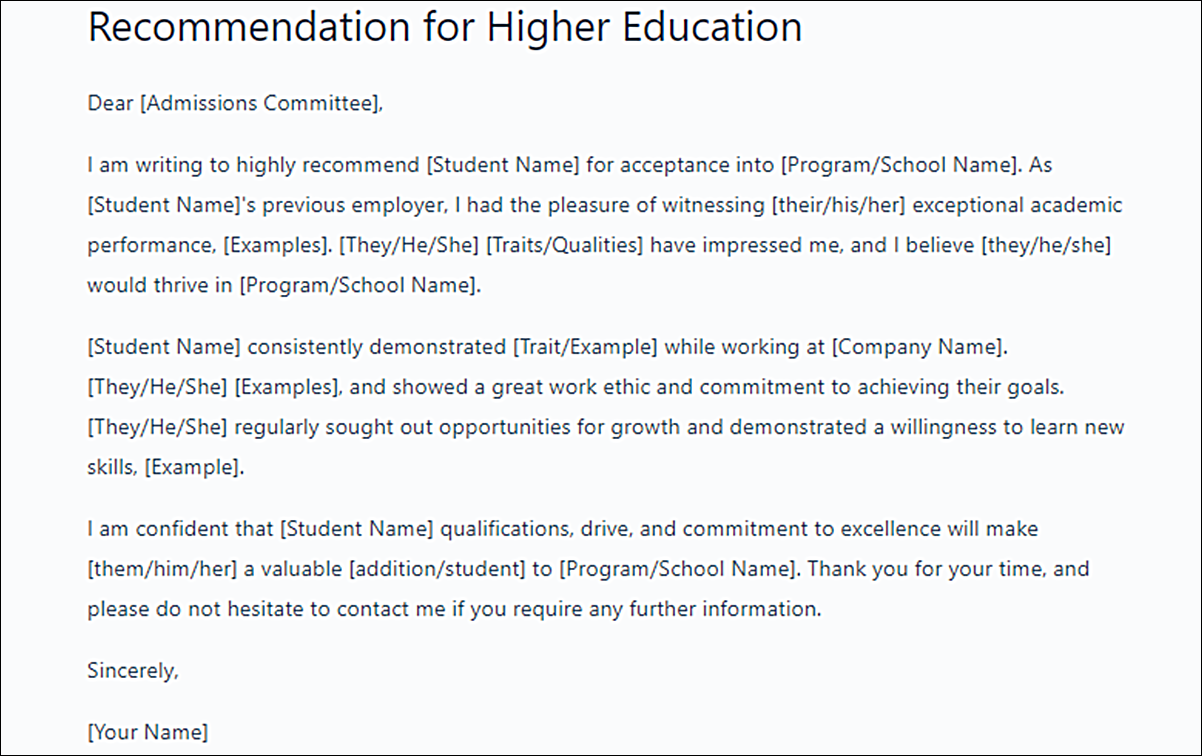 Letter of Recommendation Template from Previous Employer