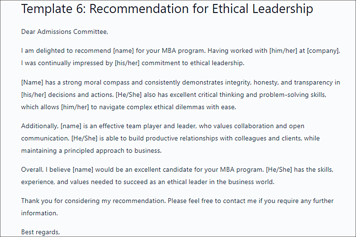 MBA Program Letter of Recommendation Template