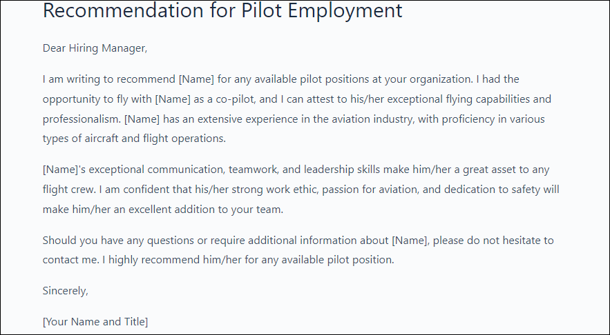 Pilot Letter of Recommendation Template