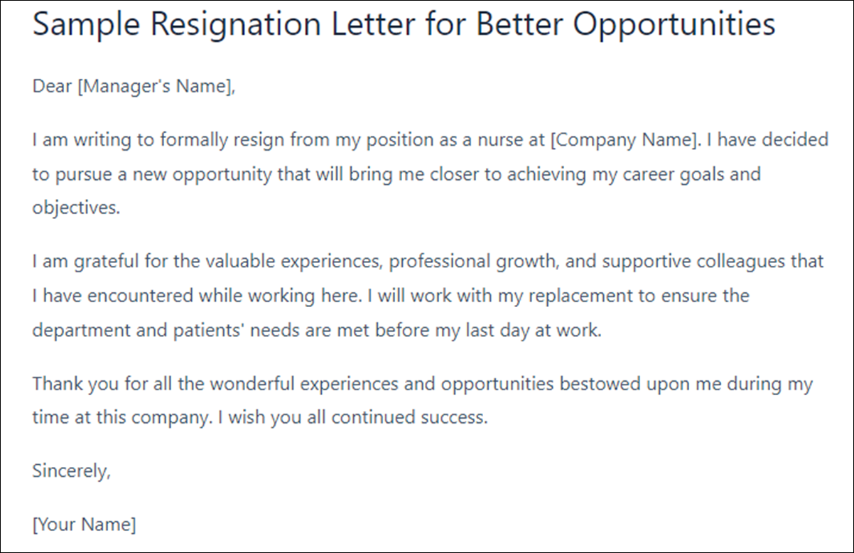 Resignation Letter Template for Nurses