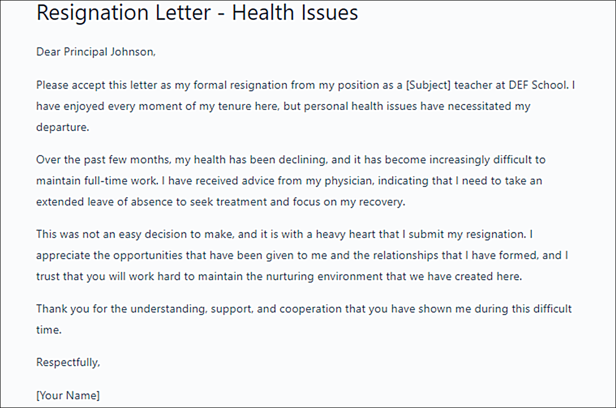 School Teacher Resignation Letter Template