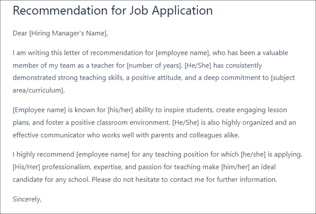 Teacher General Letter of Recommendation Template