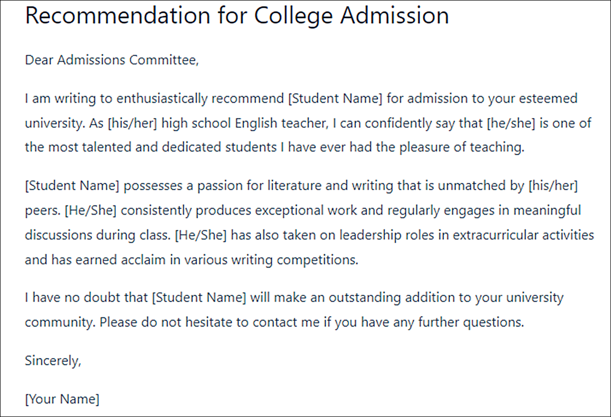 Teacher Letter of Recommendation Templates