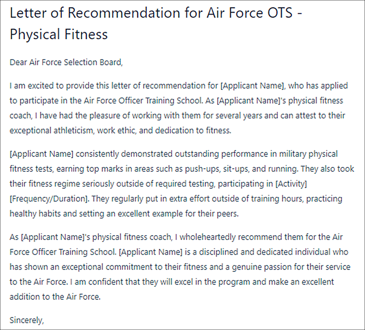Air Force OTS Letter of Recommendation Template