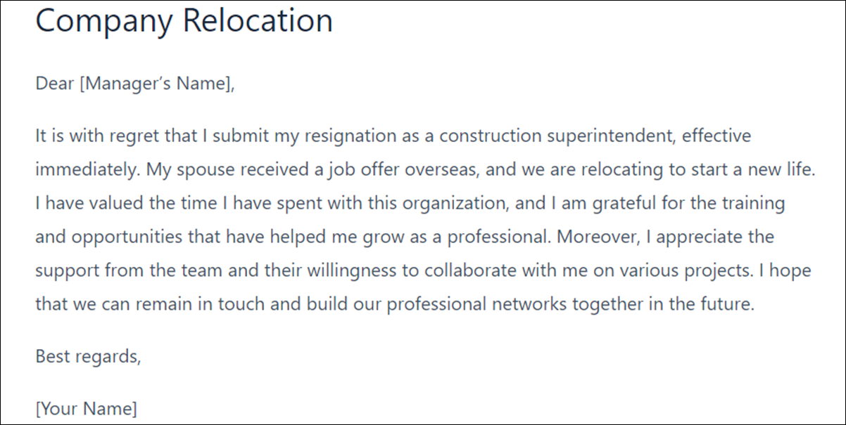 Construction Superintendent Resignation Letter Template