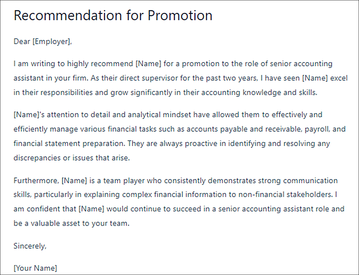 Letter of Recommendation Template for Accounting Assistant