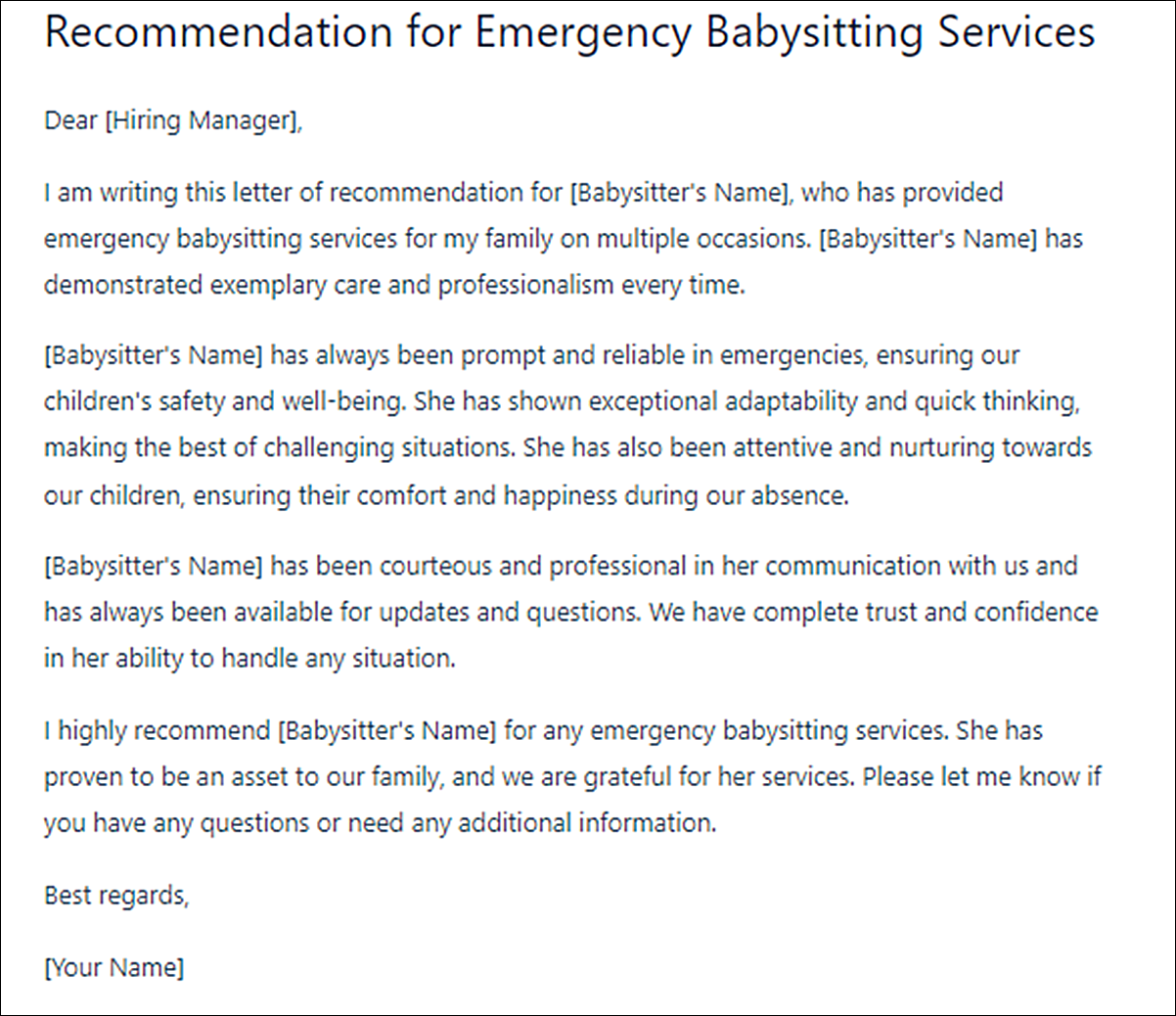 Letter of Recommendation Template for Babysitter