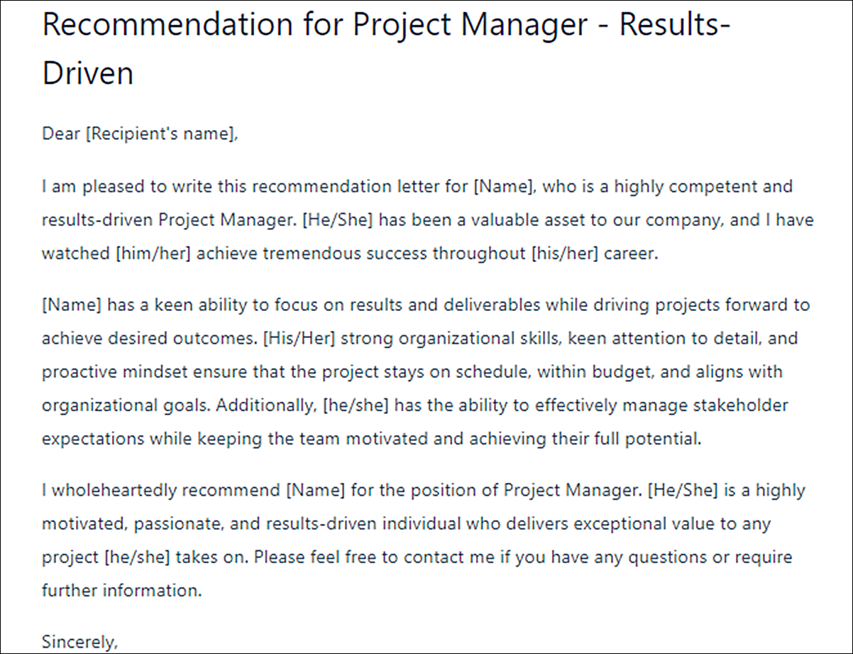 Letter of Recommendation Template for Project Managers