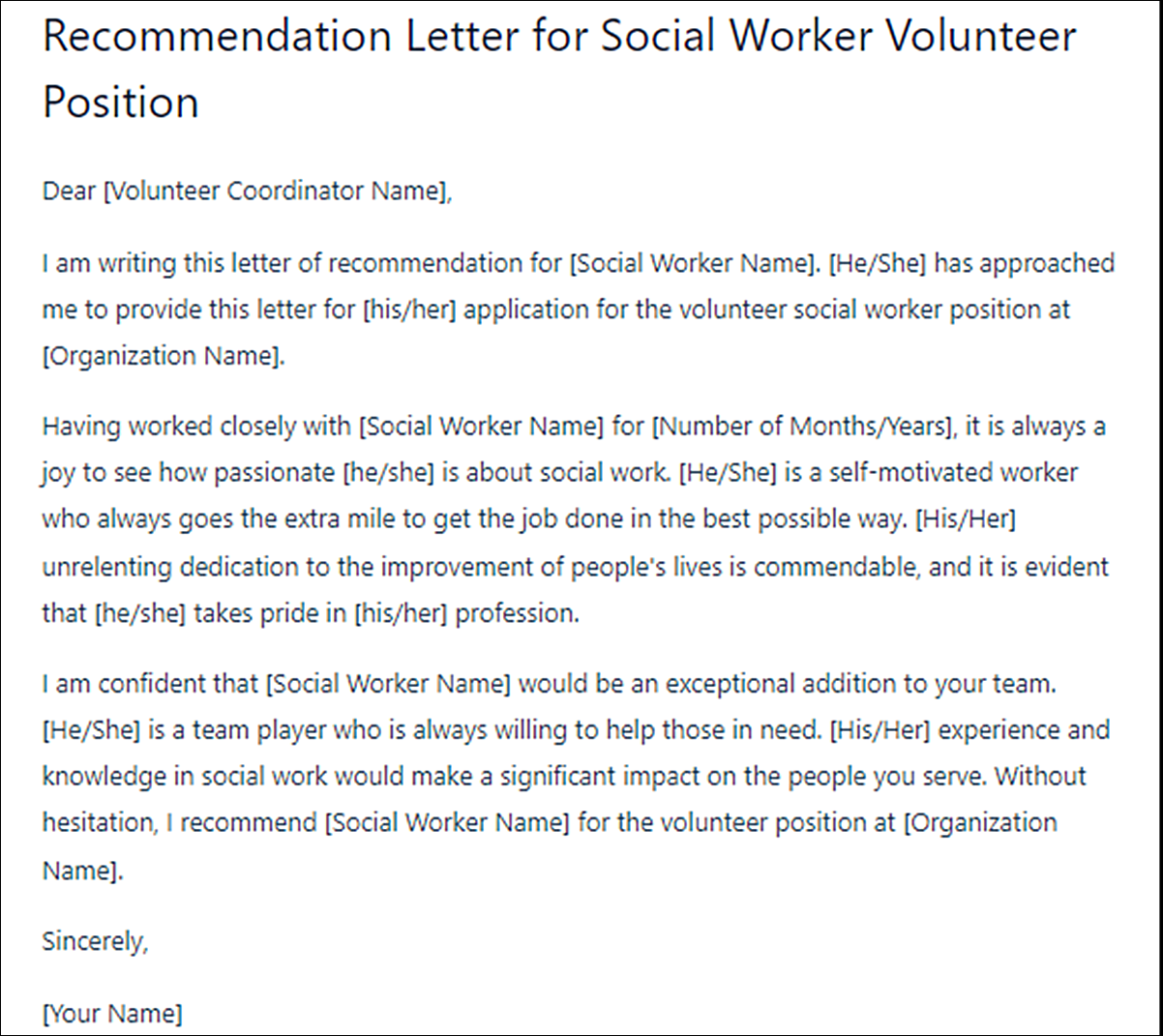 Letter of Recommendation Template for Social Worker