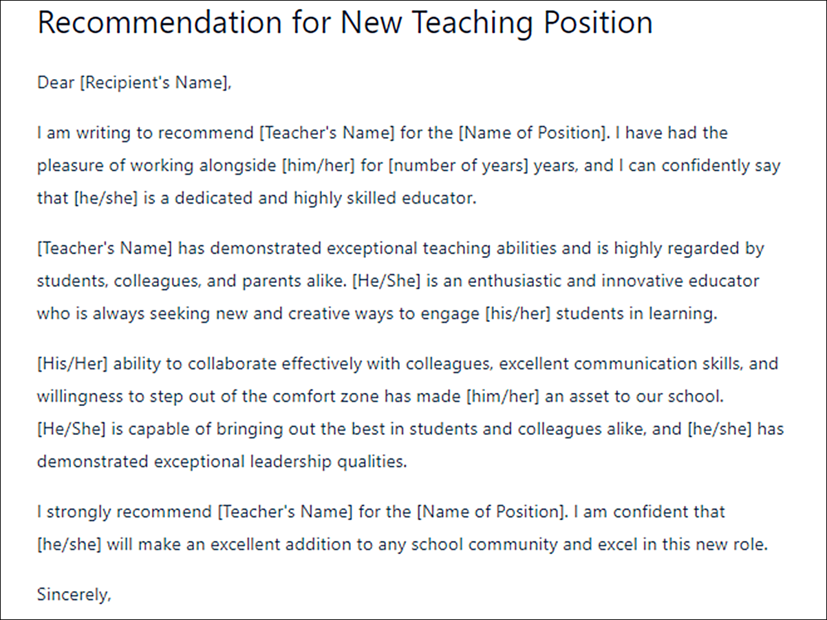 Letter of Recommendation Template for Teacher Colleague