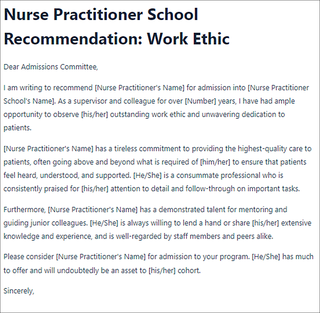 Letter of Recommendation Templates for Nurse Practitioner School 01
