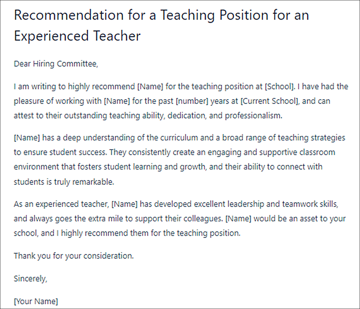 Letter of Recommendation Templates for a Teaching Position