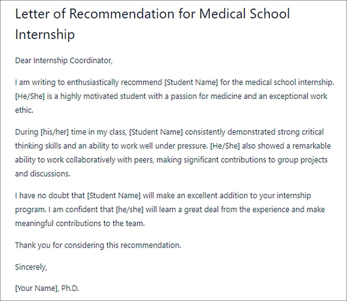 Medical School Letter of Recommendation Template