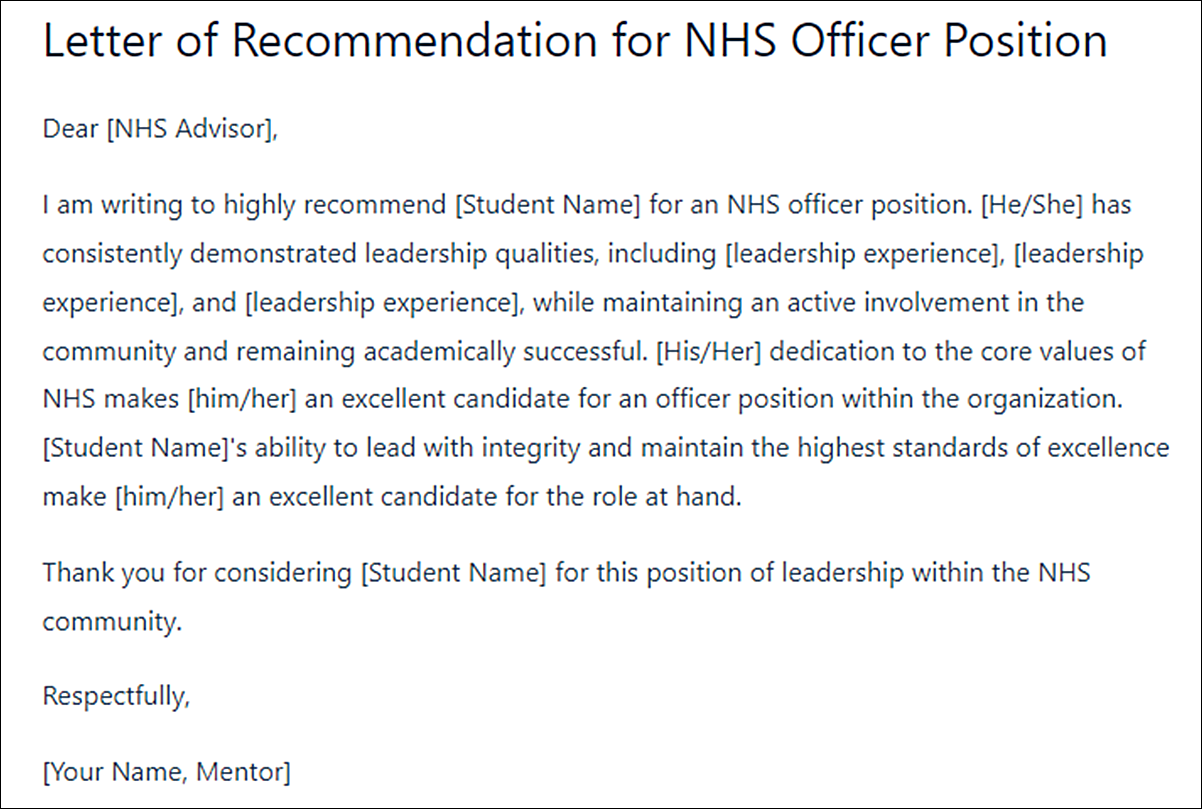 NHS Letter of Recommendation Template for Stellar Endorsements