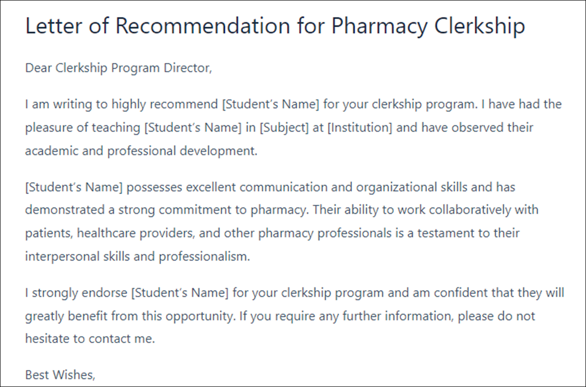 Pharmacy School Letter of Recommendation Template