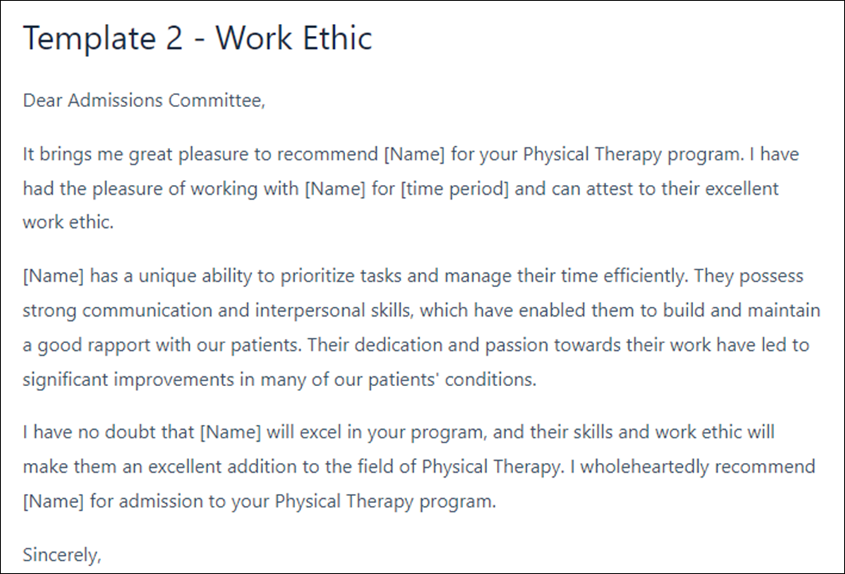 Physical Therapy School Letter of Recommendation Template