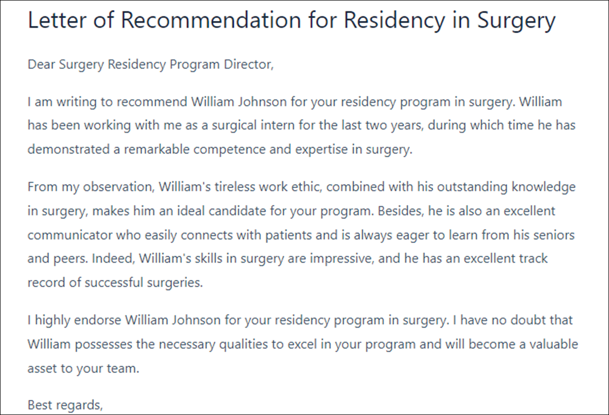 Residency Letter of Recommendation Template