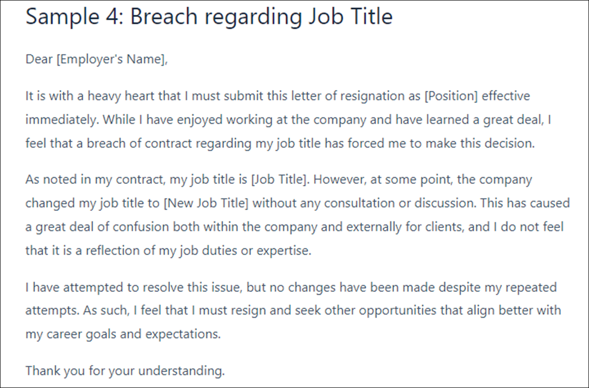 Resignation Letter Template Breach of Contract