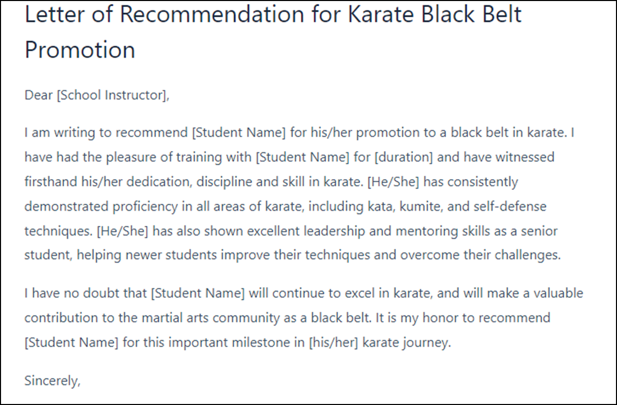 Stellar Letter of Recommendation Template for Karate Student