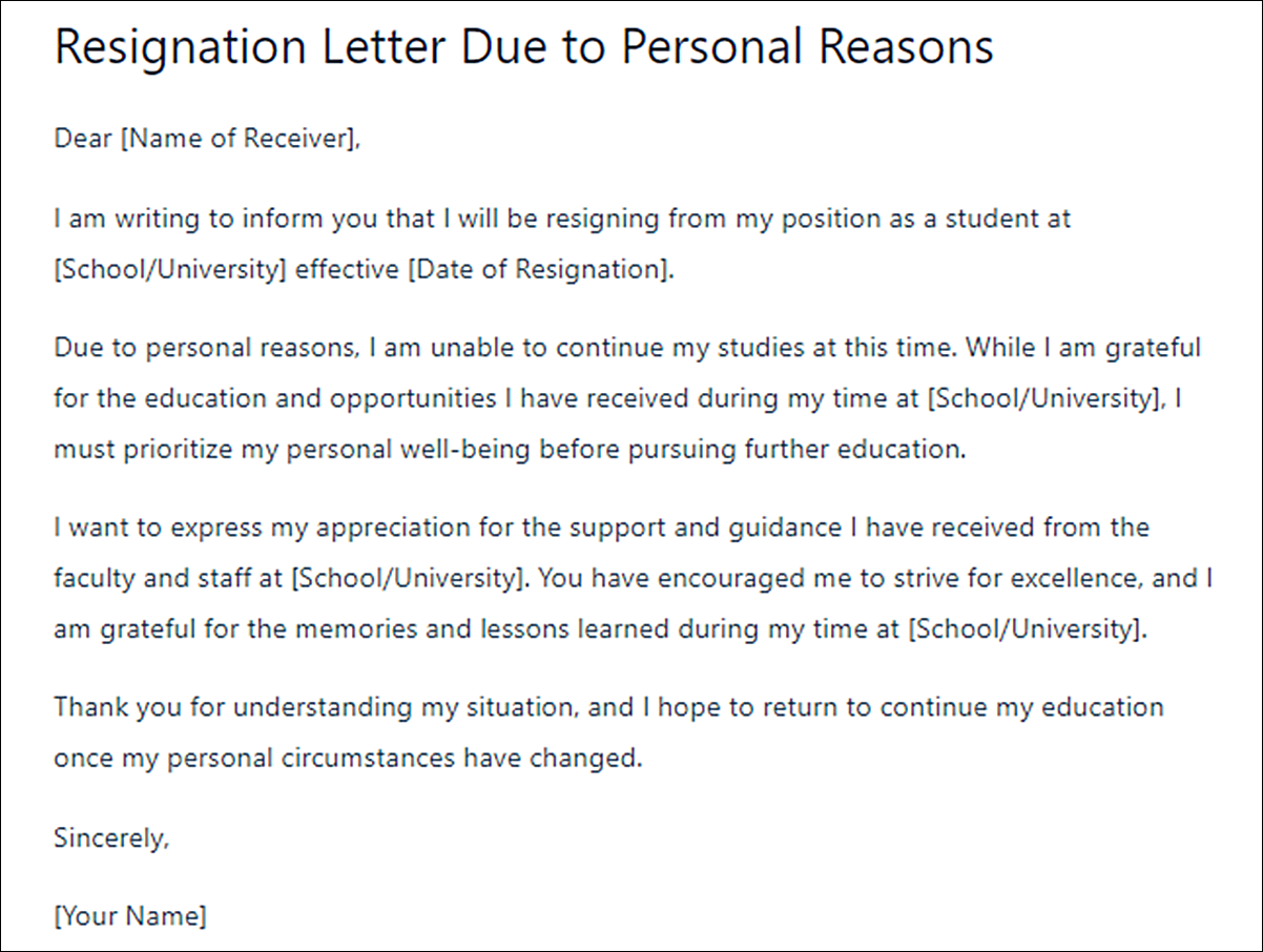 Student Resignation Letter Templates