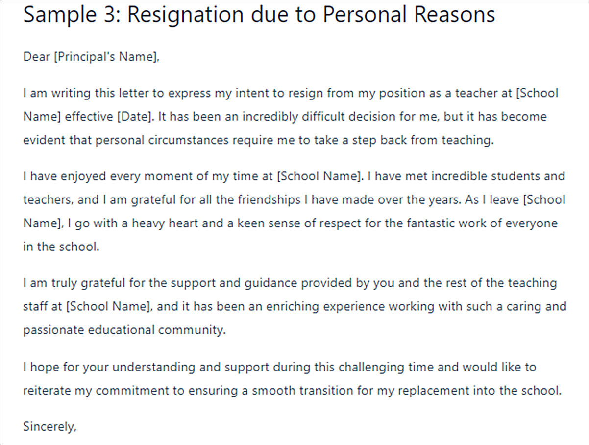 Teacher Resignation Letter Template