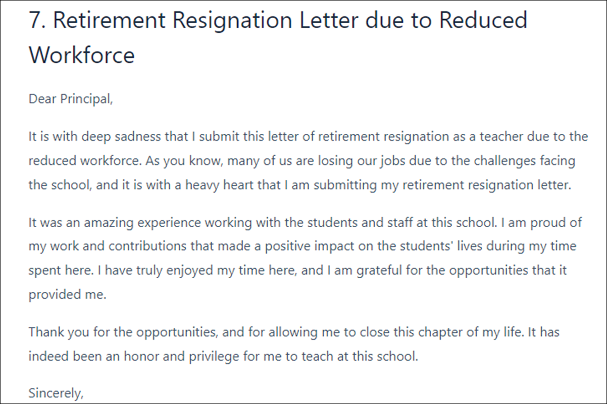 Teacher Retirement Resignation Letter Template