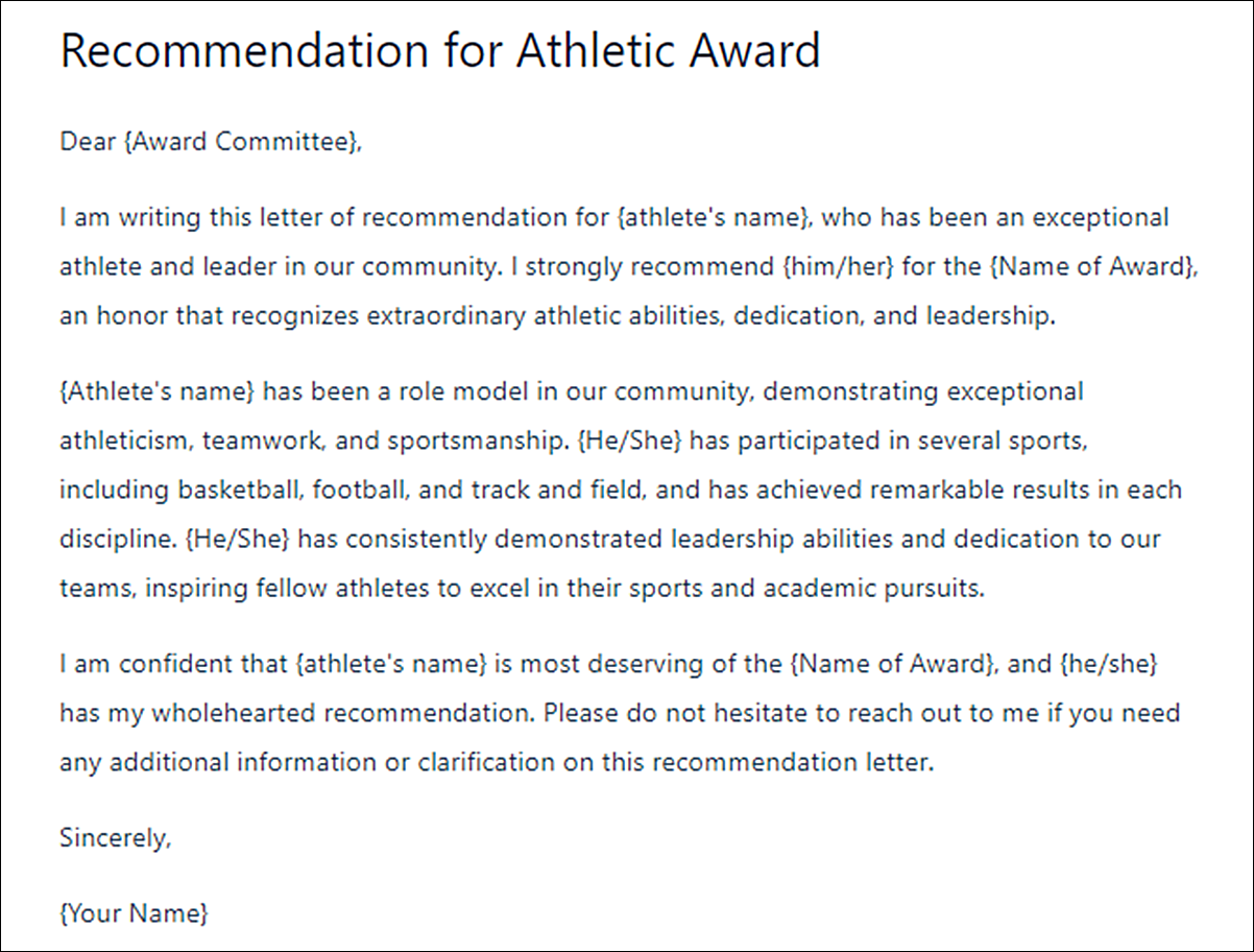 Athlete Letter of Recommendation Template