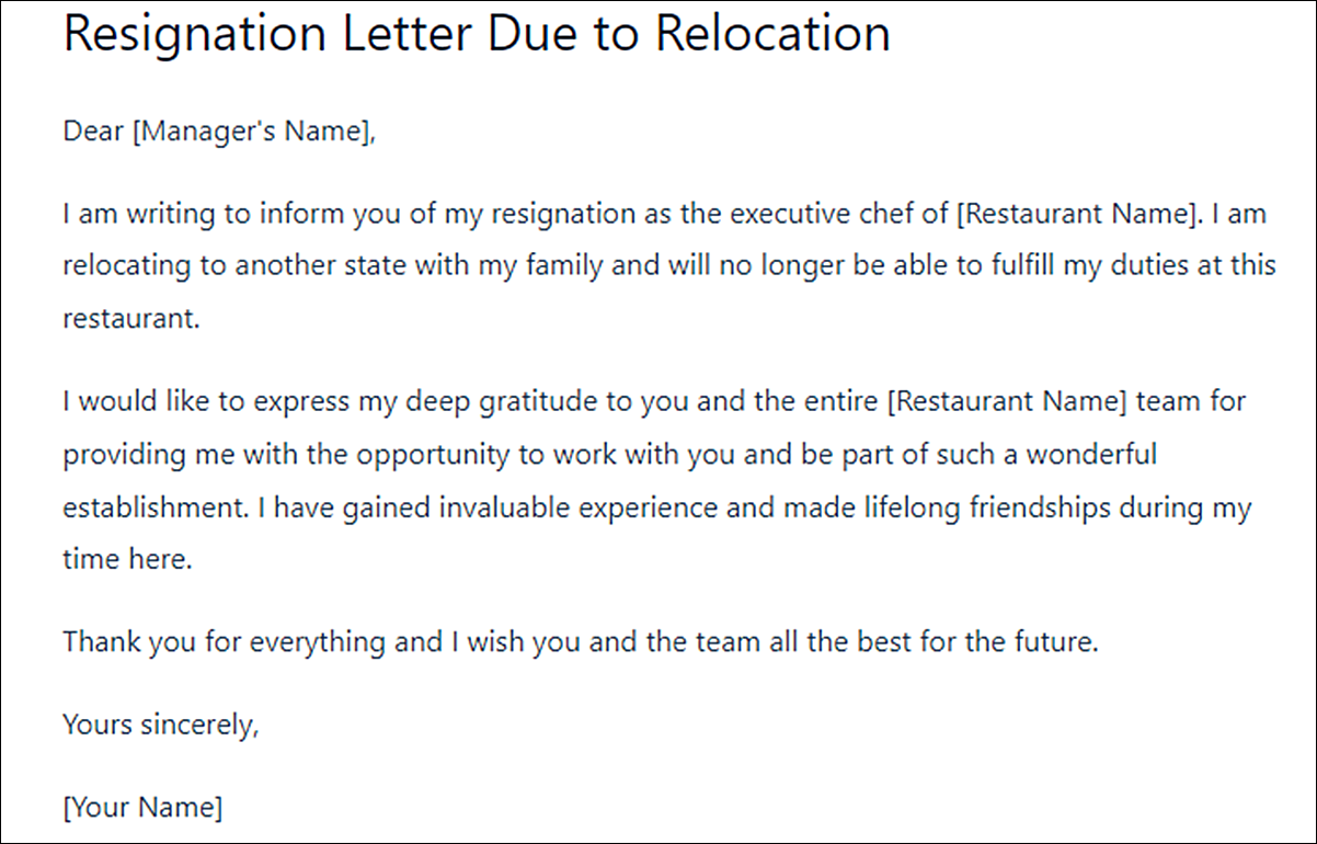 Chef Resignation Letter Templates