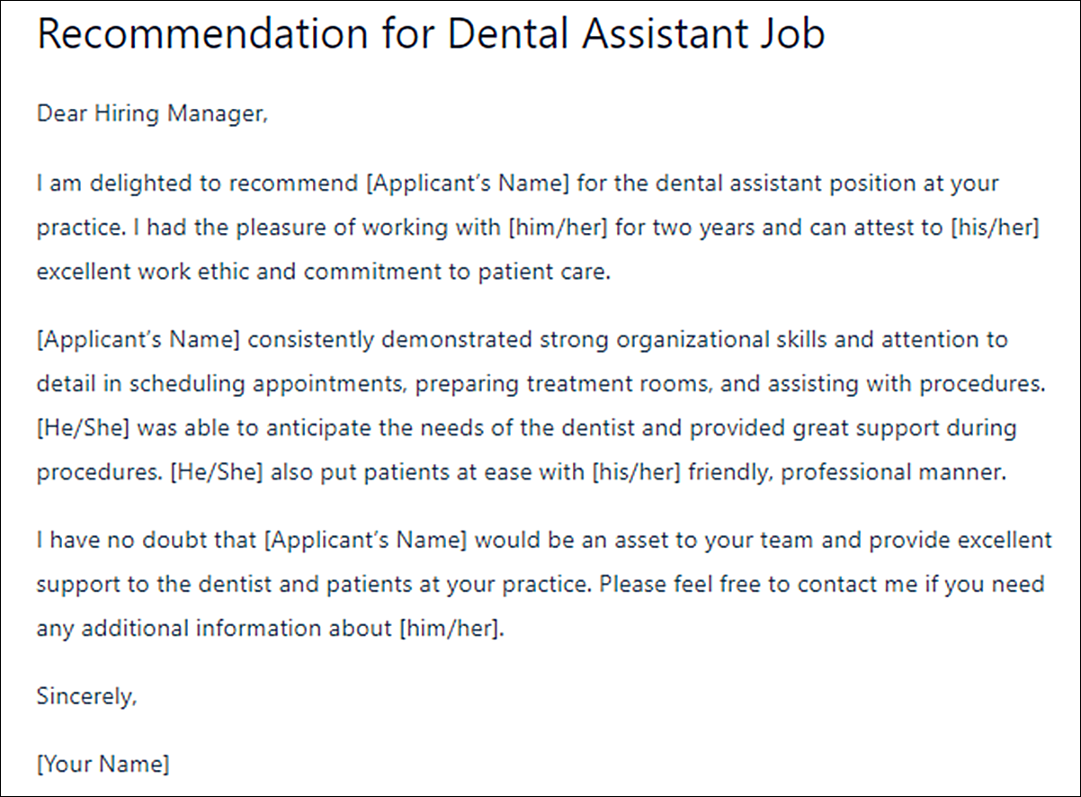 Dentist Letter of Recommendation Template