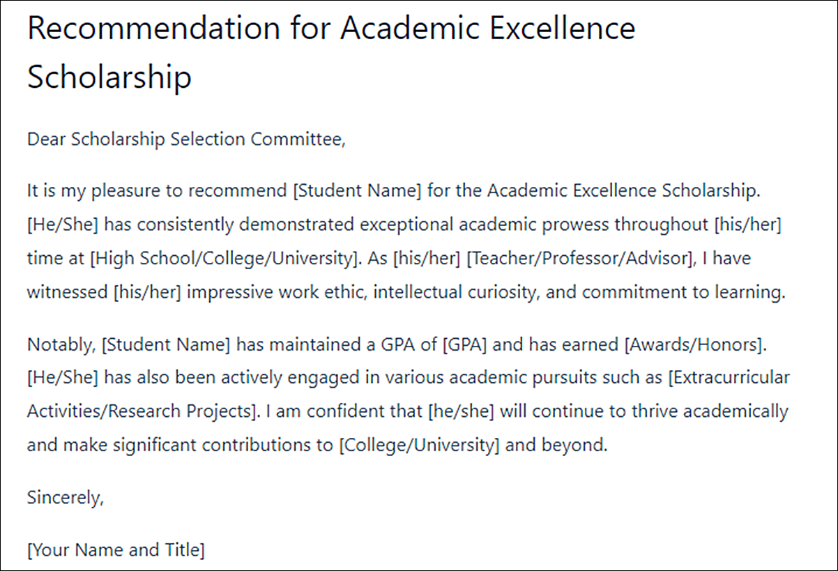 Letter of Recommendation Template for College Scholarship Applications