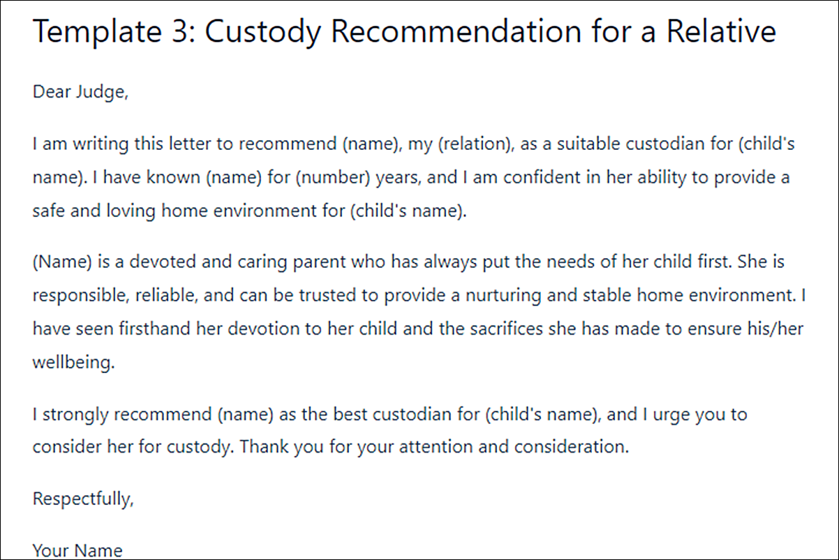 Letter of Recommendation Template for Custody