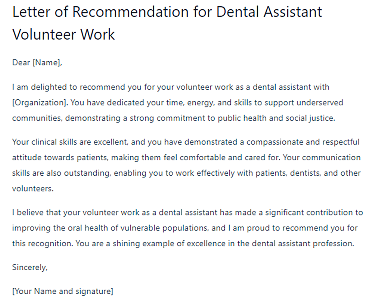 Letter of Recommendation Template for Dental Assistant