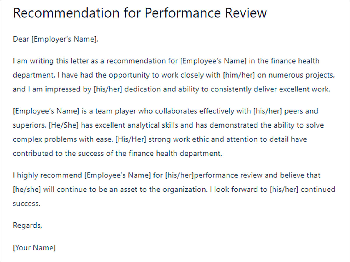Letter of Recommendation Template for Finance Health Employee