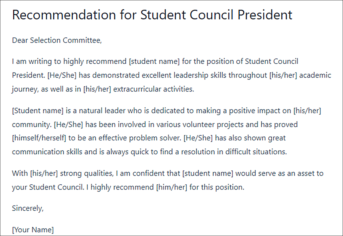 Letter of Recommendation Template for Student Council Applications