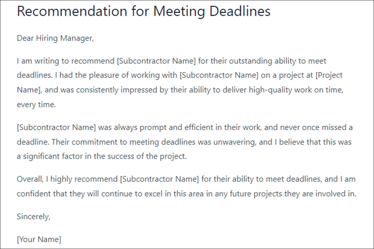 Letter of Recommendation Template for Subcontractor
