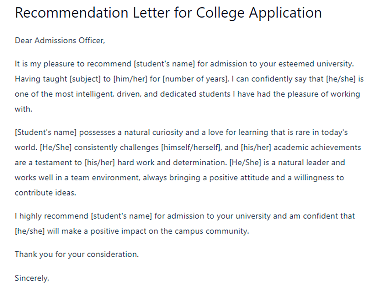 Letter of Recommendation Template for a Teenager