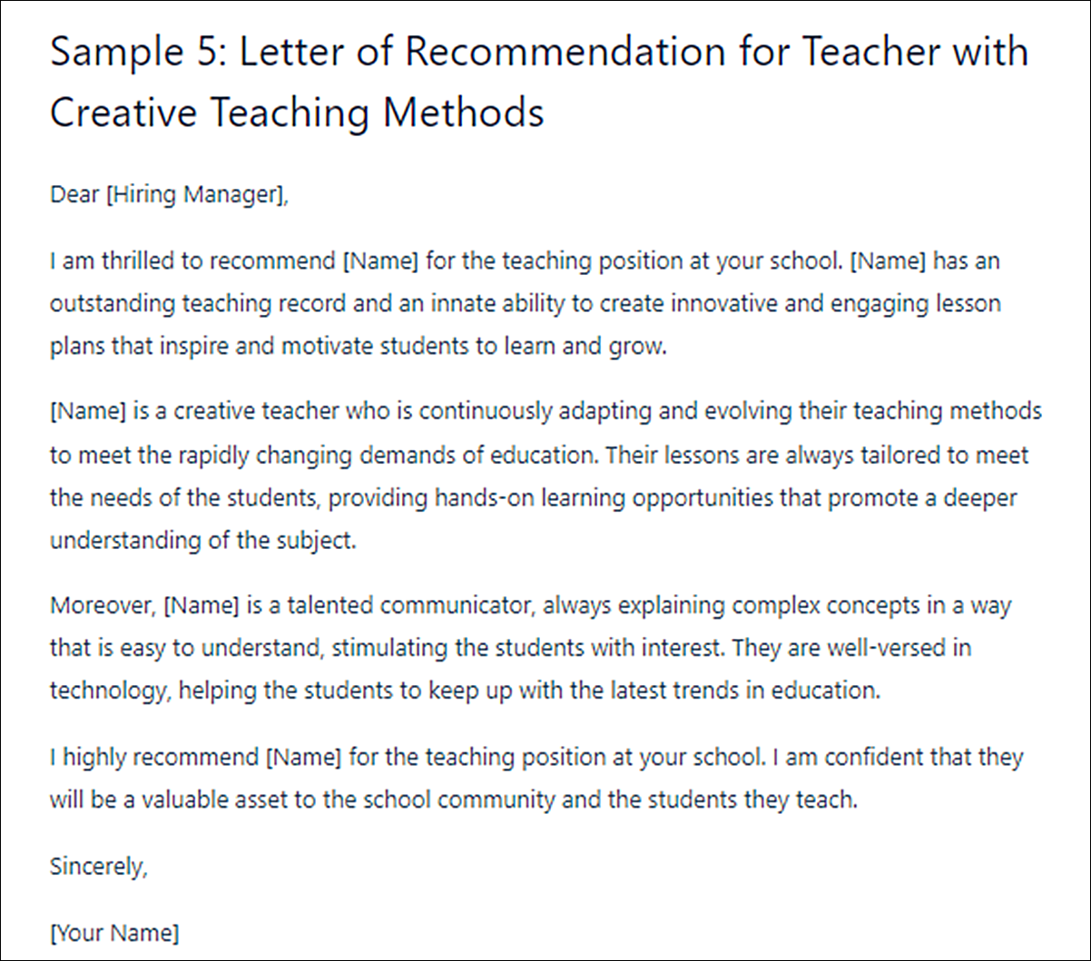 Letter of Recommendation Templates for Employment as a Teacher