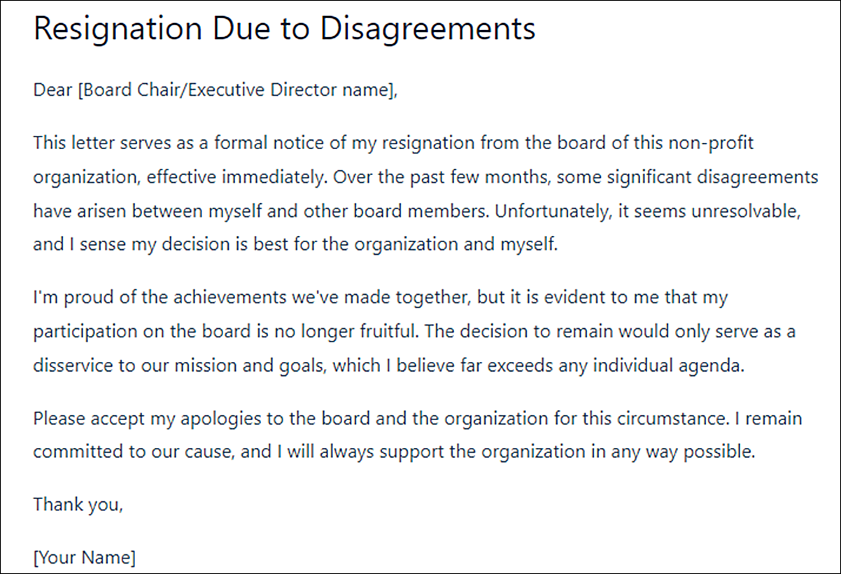 Non Profit Board Resignation Letter Template