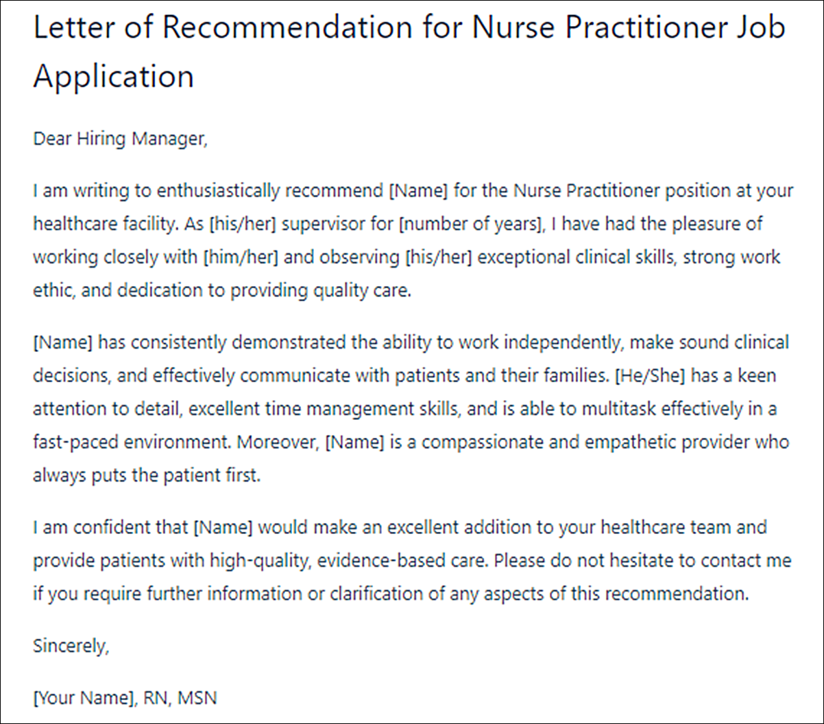 Nurse Practitioner Letter of Recommendation Template