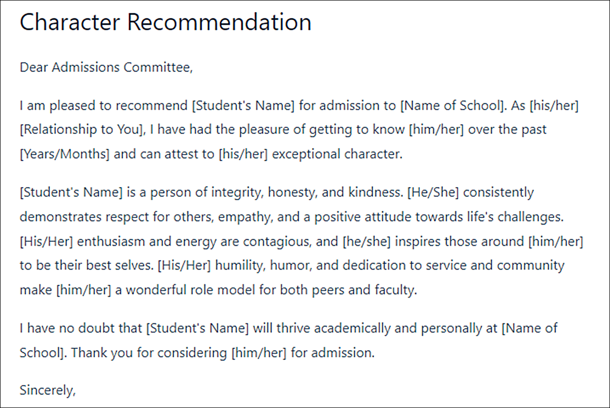Private School Letter of Recommendation Template