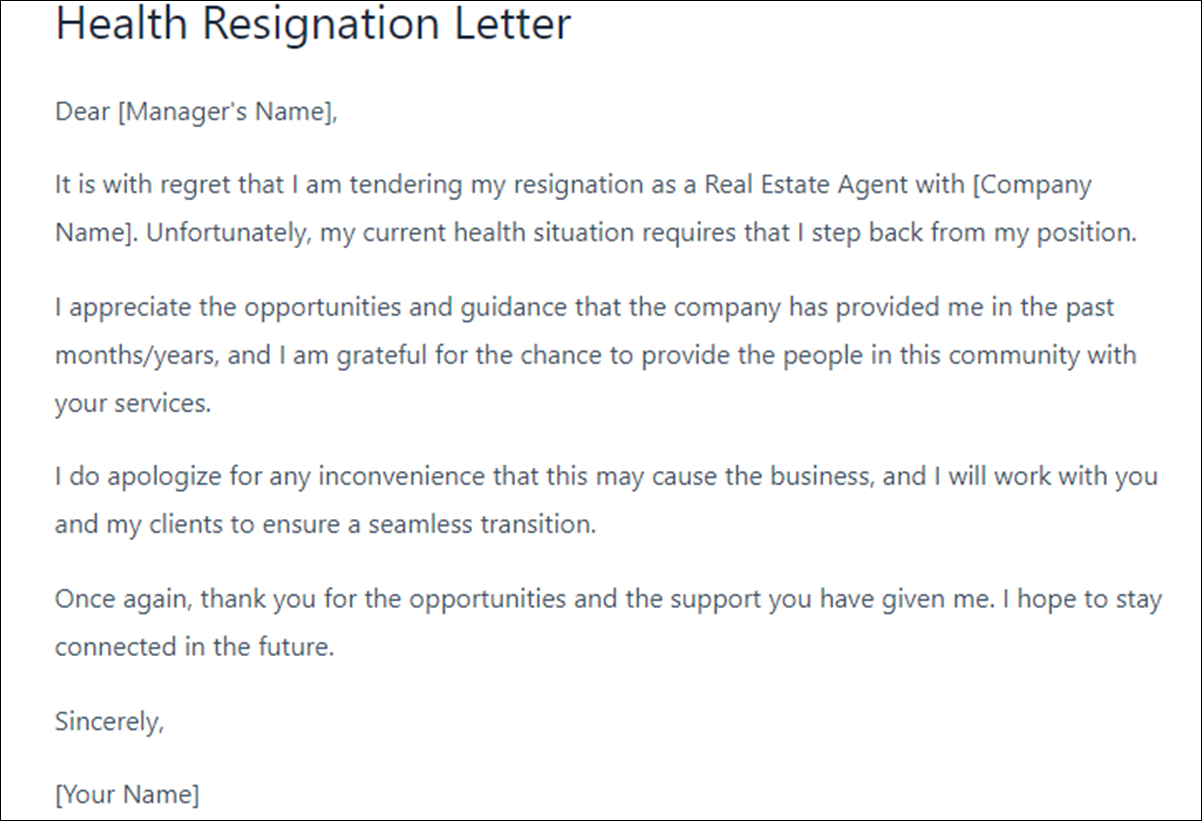 Real Estate Agent Resignation Letter Template