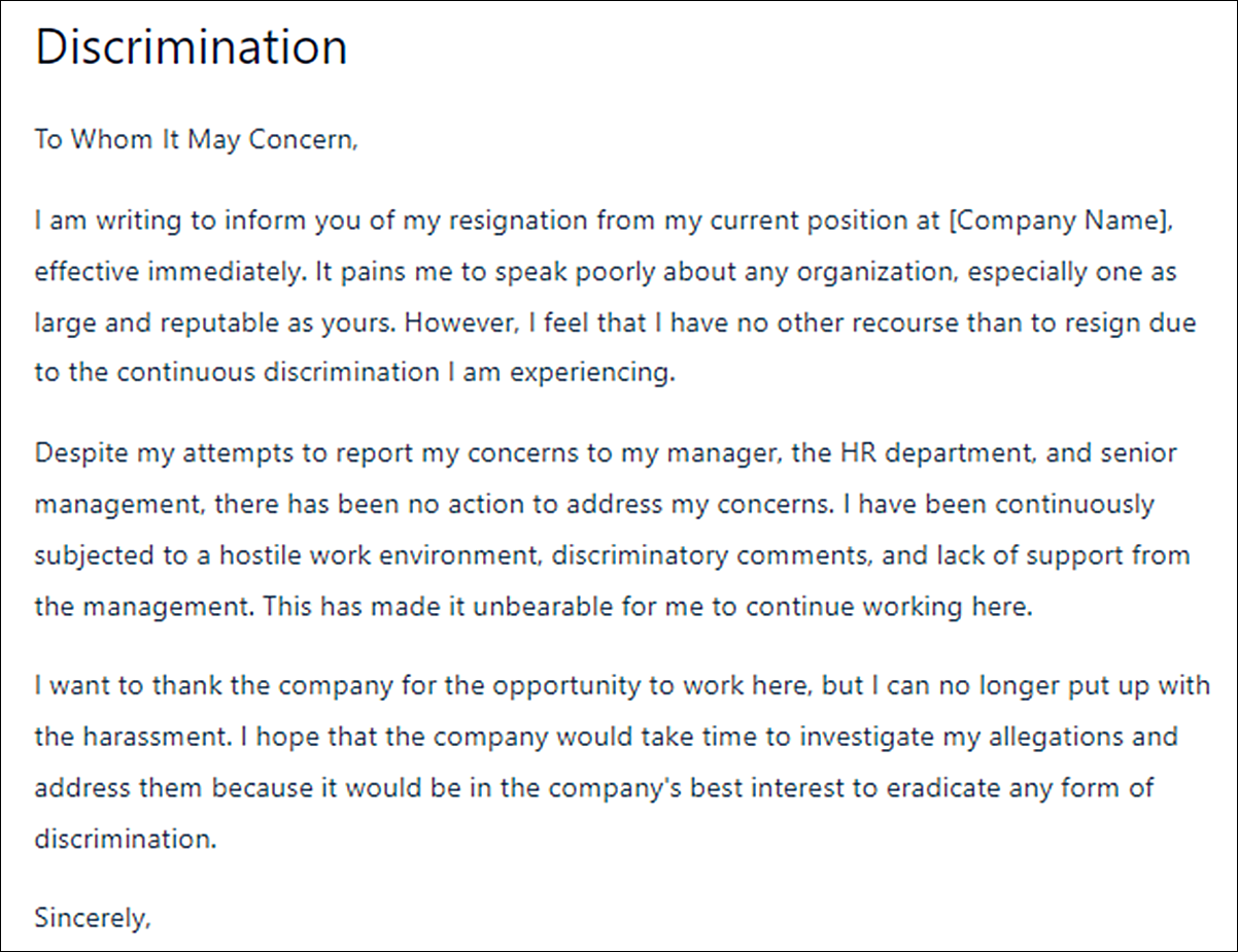 Constructive Discharge Resignation Letter Template