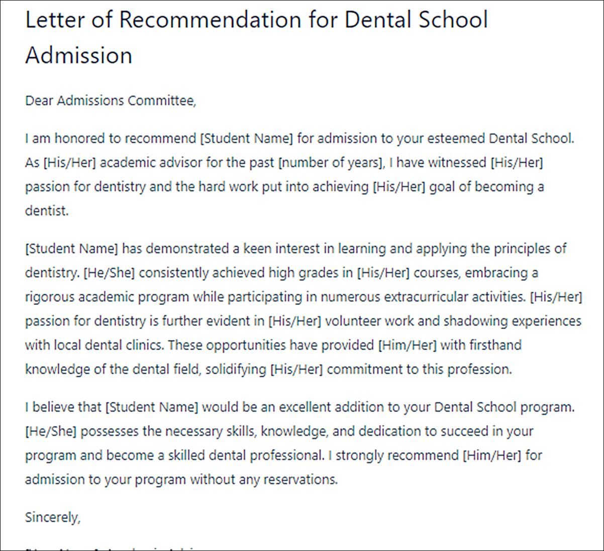 Dental School Letter of Recommendation Template