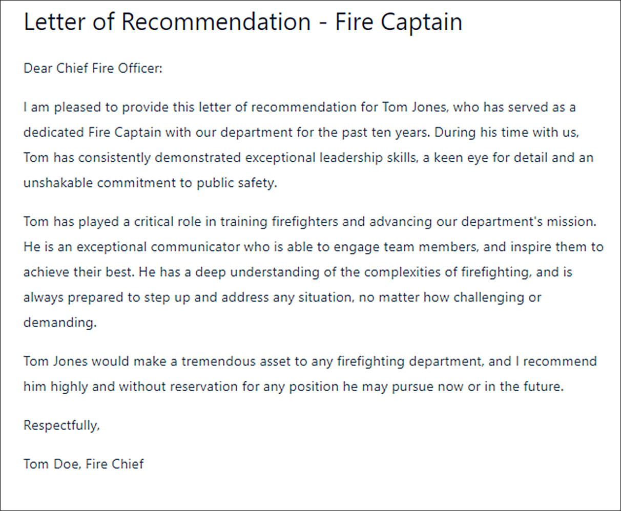 Fire Department Letter of Recommendation Templates